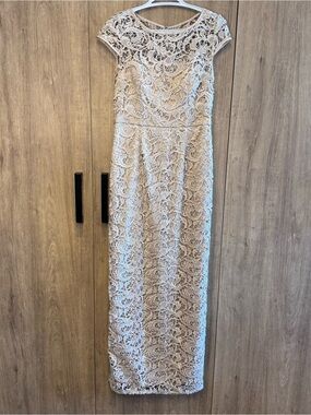 Adrianna Papell Dainty Women's Champagne Lace Column Romantic Maxi Dress 6